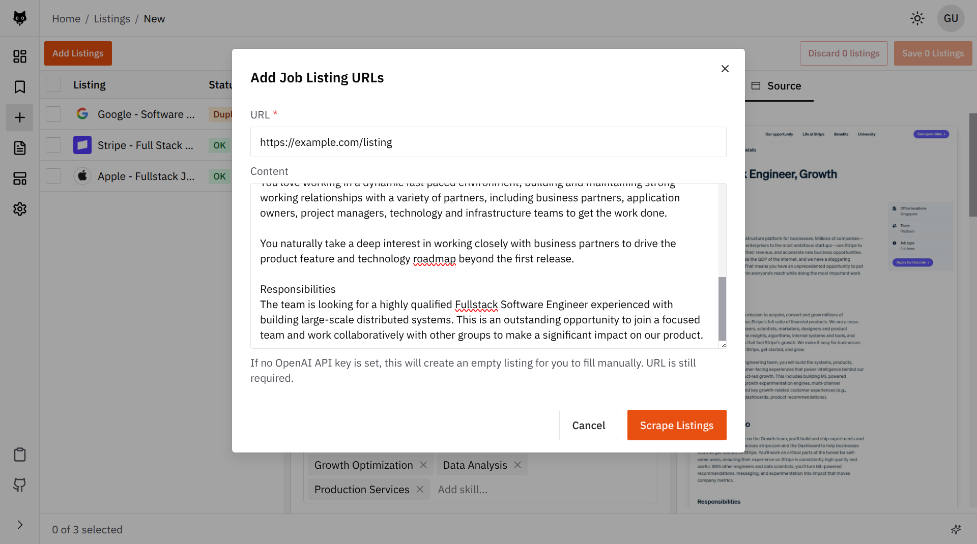 Atto's pasted content input for manually adding a job listing