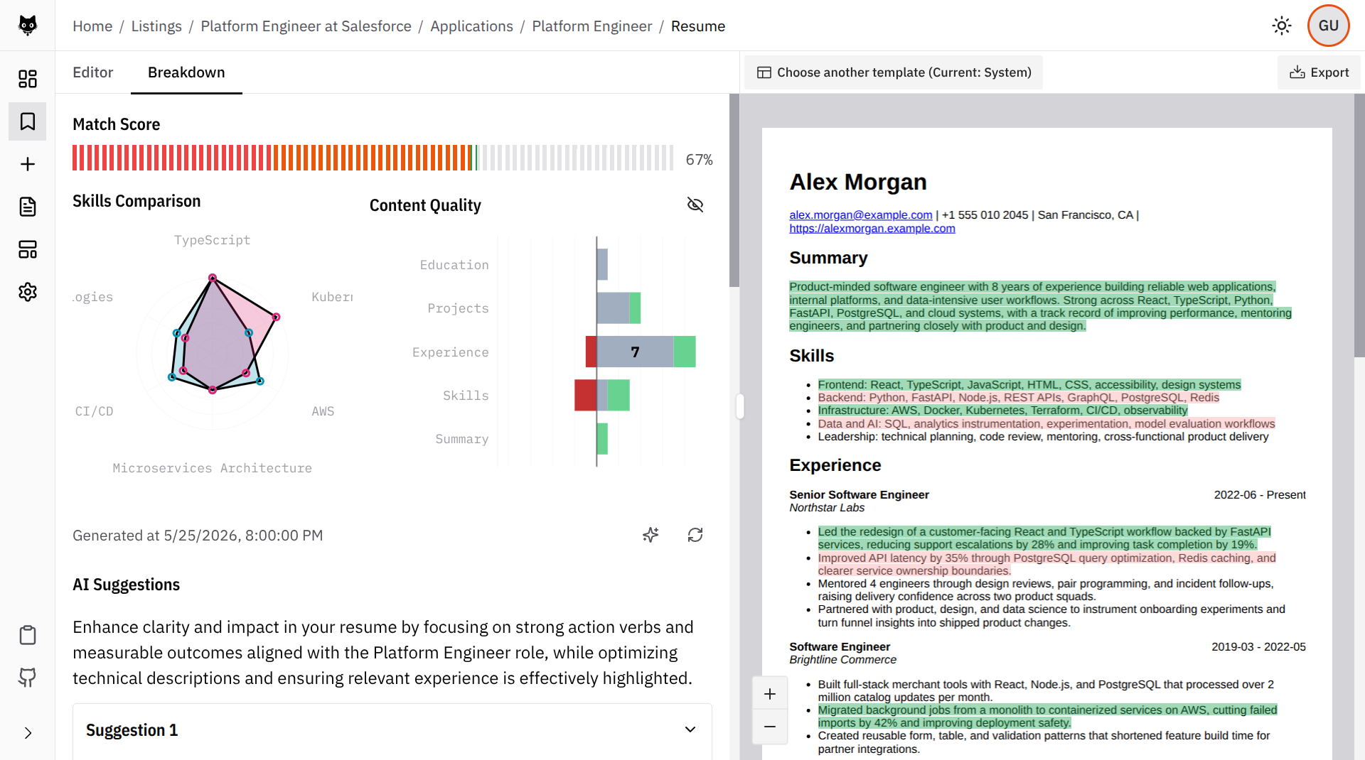 Atto showing AI suggestion highlights over the rendered resume PDF