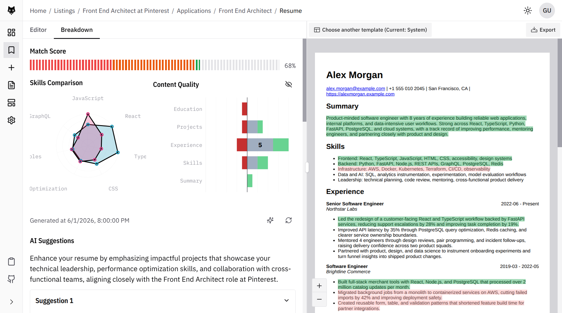 Atto's resume analysis breakdown showing match score, skill comparison, content quality, and AI suggestions