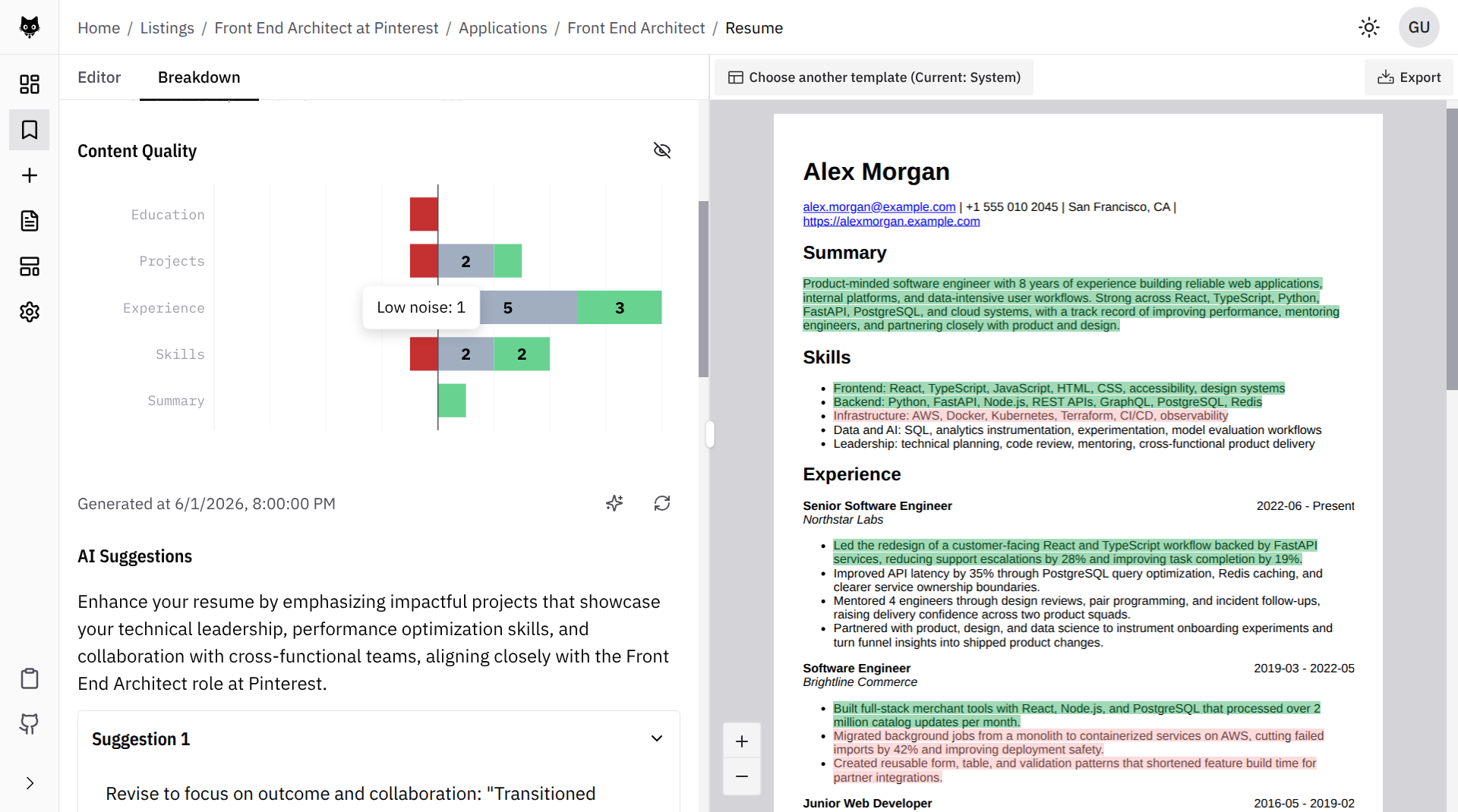 Atto showing section-level content quality highlights on a resume